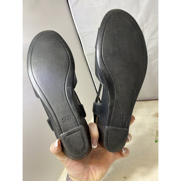 Sas Womens Caress Wedge Sandal Black Leather Cushoined Low Heel Slingback 8.5 - Picture 5 of 10